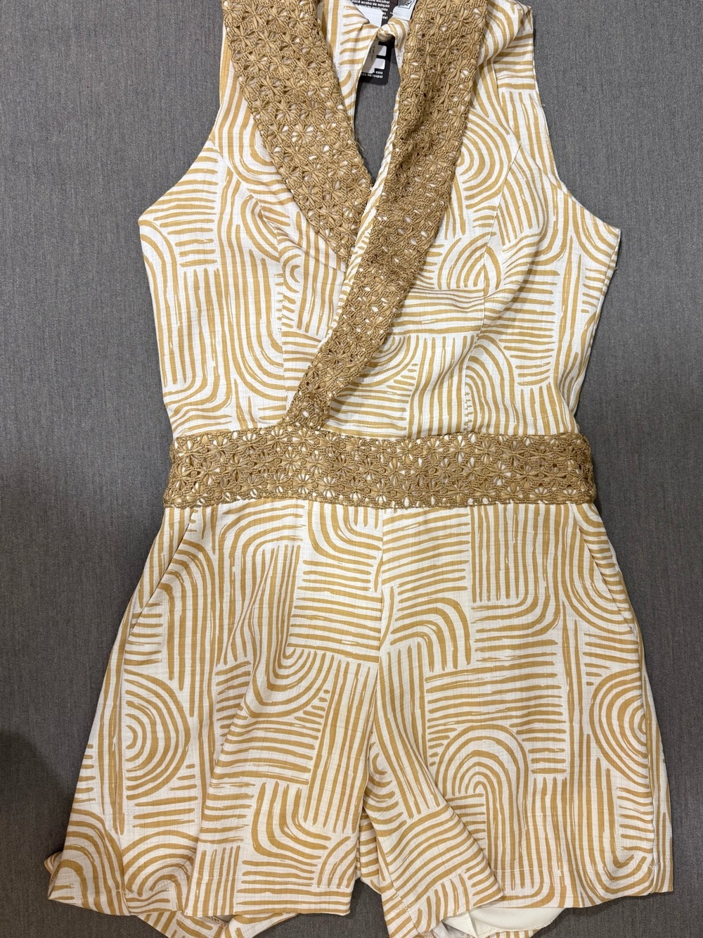 Sleeveless Cream & Gold V-Neck Romper with Embellished Waist - Picture 2 of 5